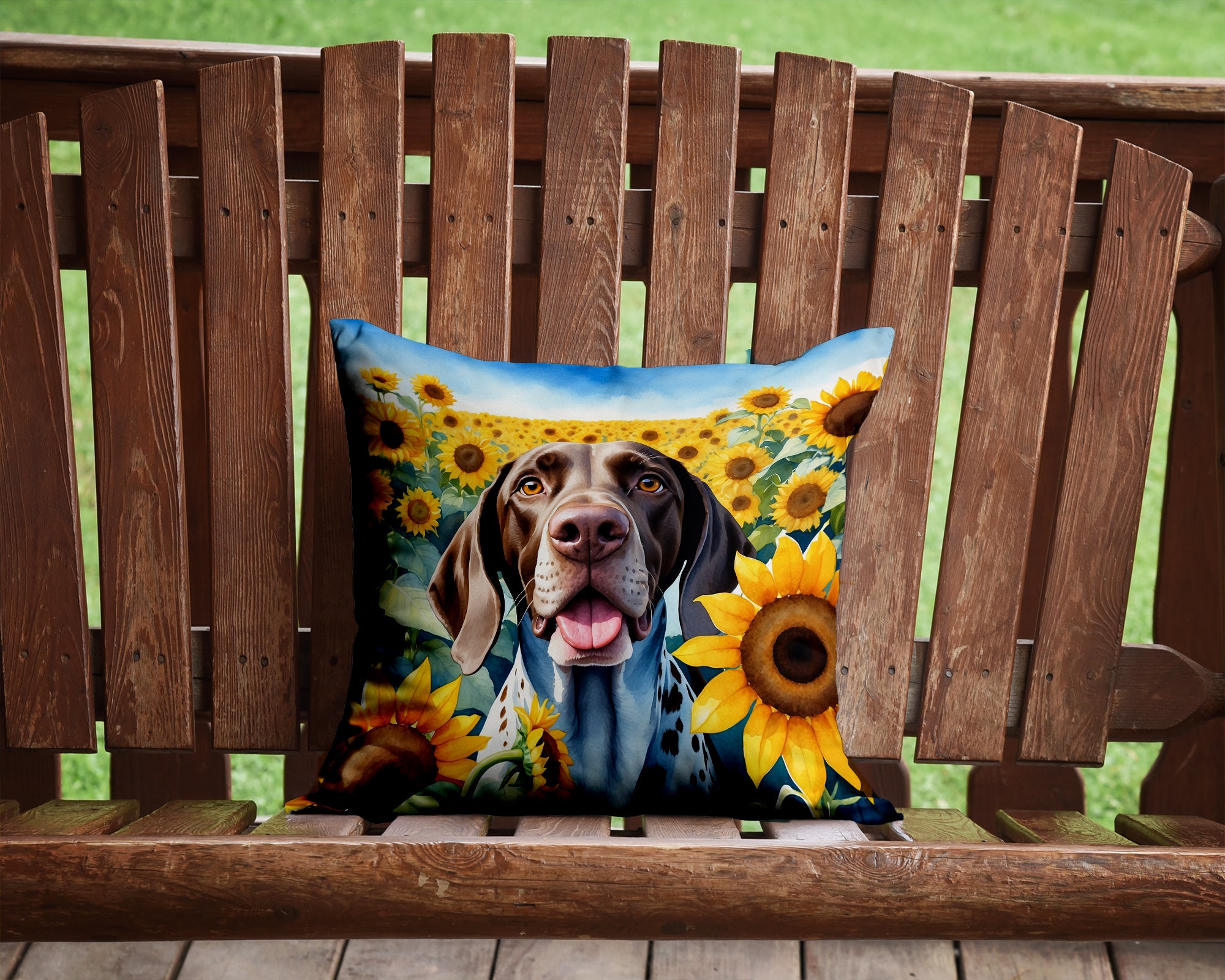 Buy this German Shorthaired Pointer in Sunflowers Throw Pillow