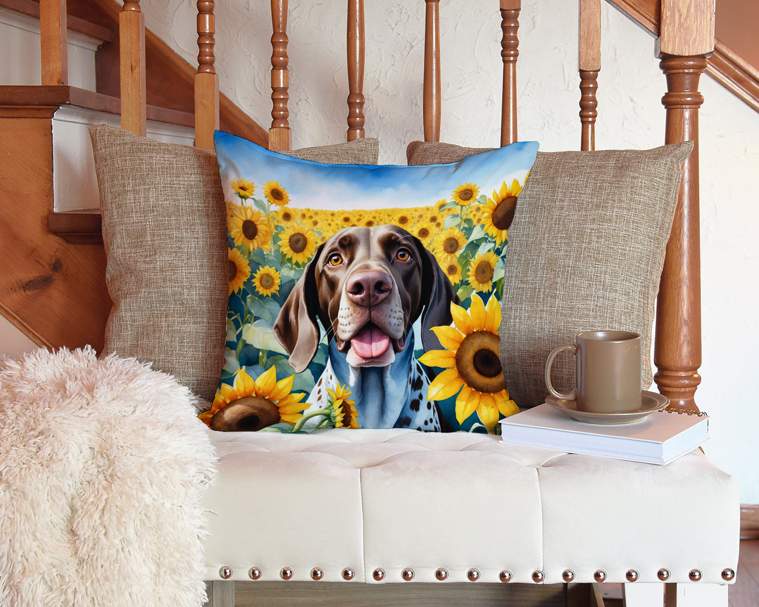 German Shorthaired Pointer in Sunflowers Throw Pillow