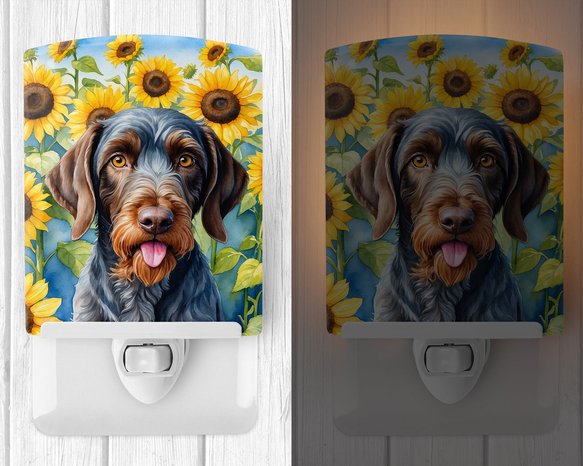 German Wirehaired Pointer in Sunflowers Ceramic Night Light