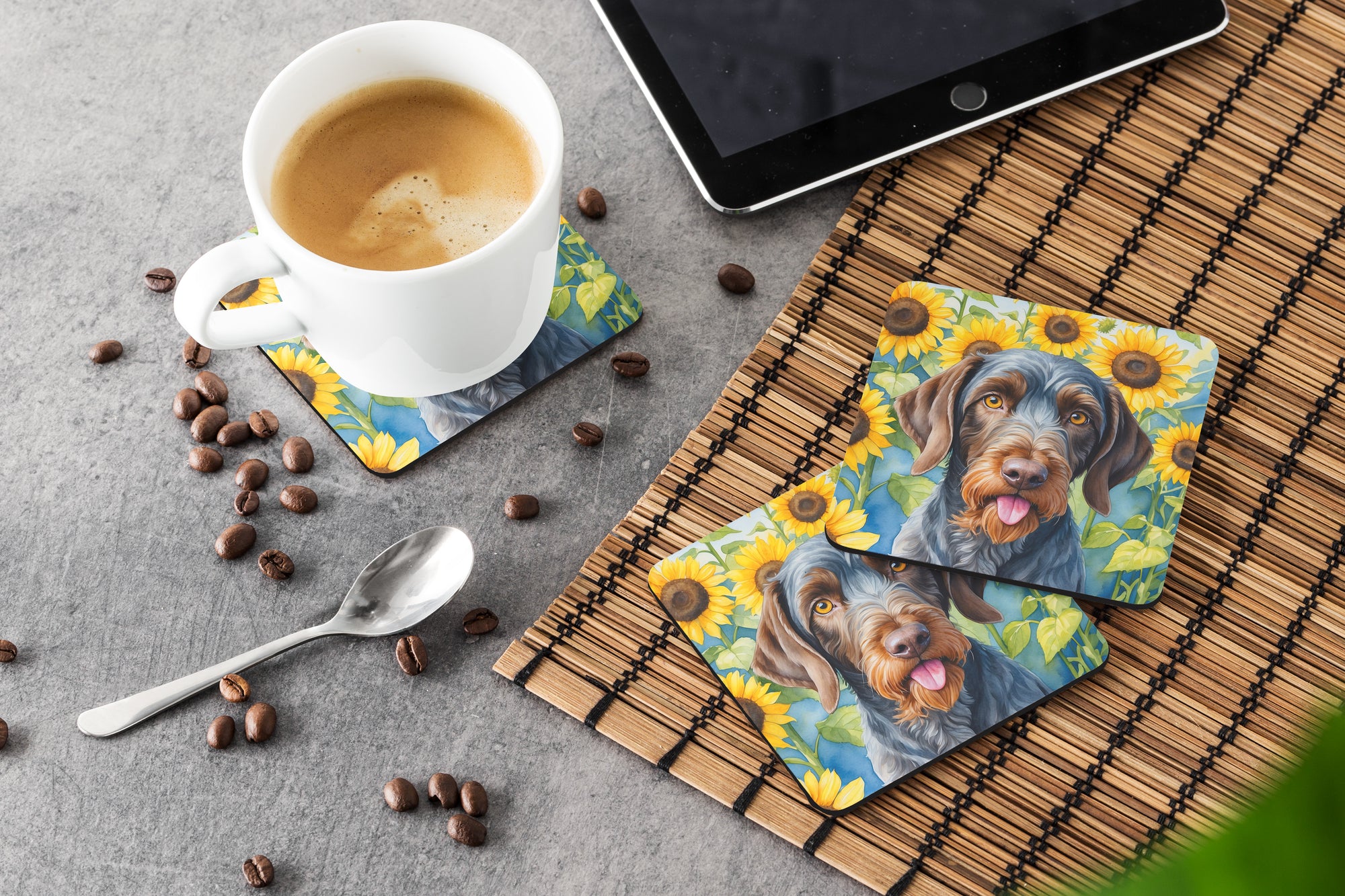 German Wirehaired Pointer in Sunflowers Foam Coasters
