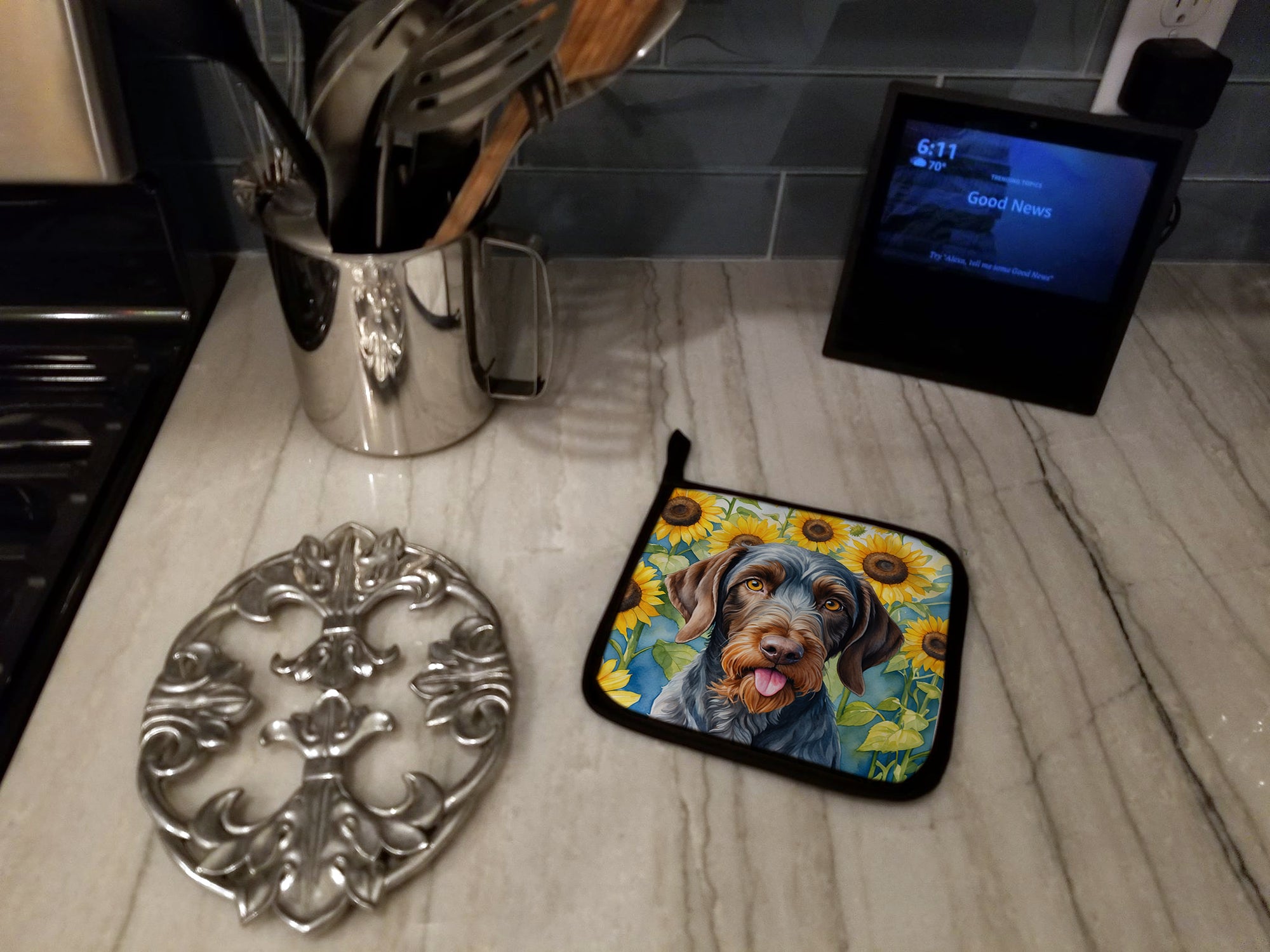 German Wirehaired Pointer in Sunflowers Pair of Pot Holders