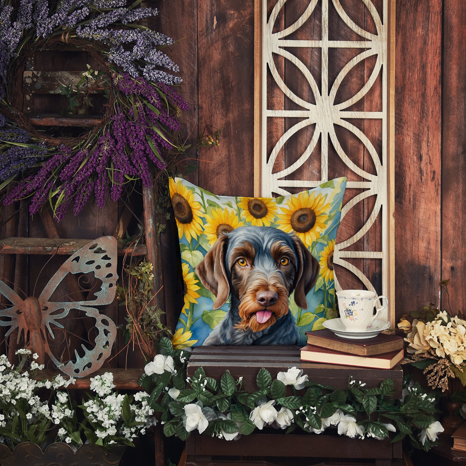German Wirehaired Pointer in Sunflowers Throw Pillow