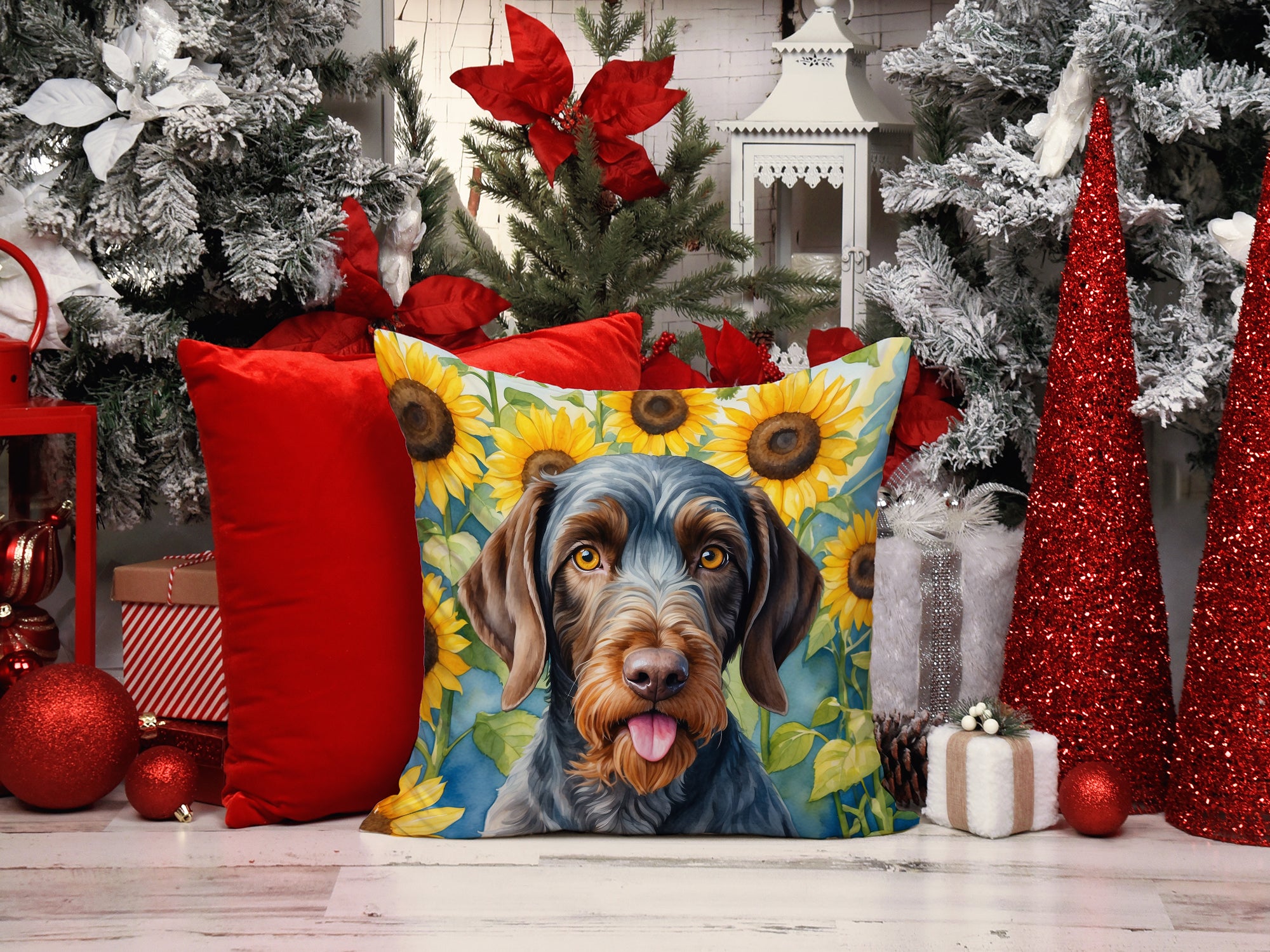German Wirehaired Pointer in Sunflowers Throw Pillow
