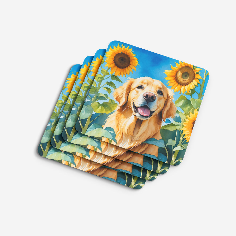 Golden Retriever in Sunflowers Foam Coasters