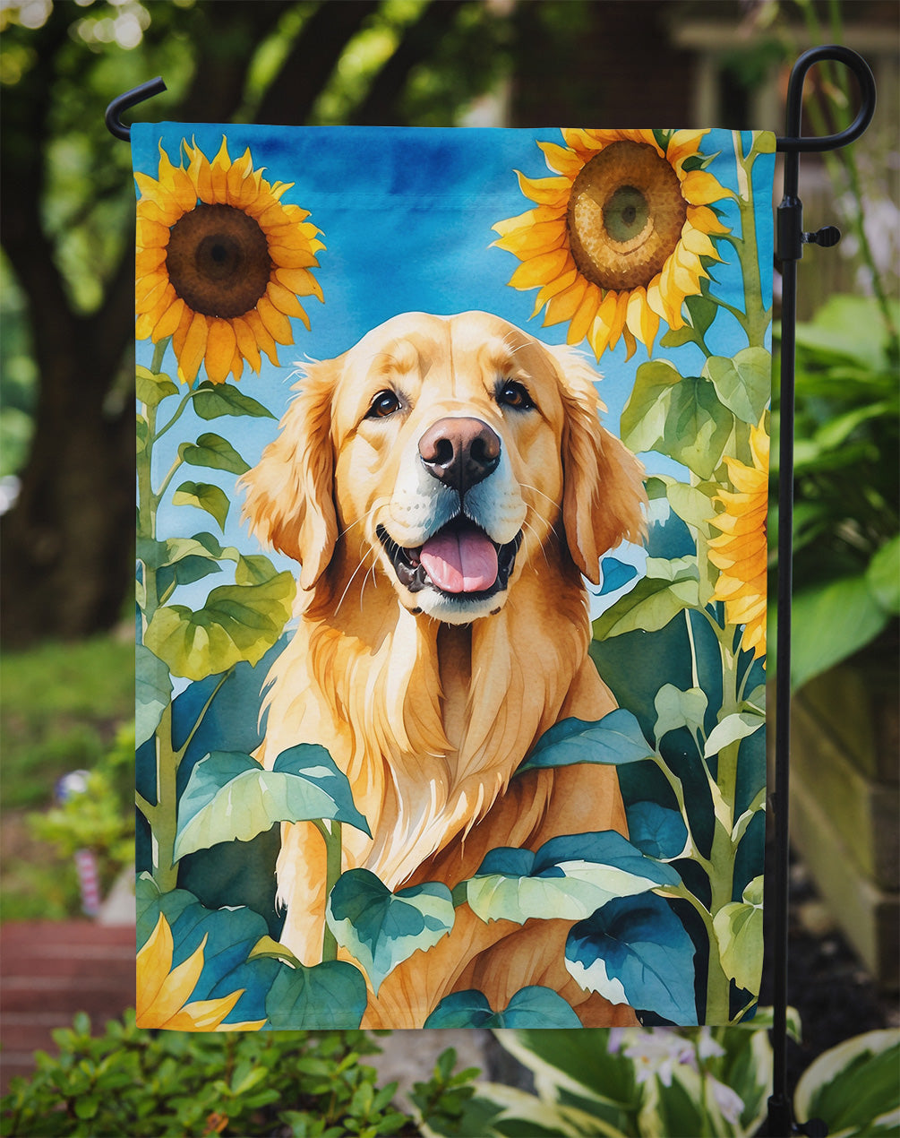 Golden Retriever in Sunflowers Garden Flag