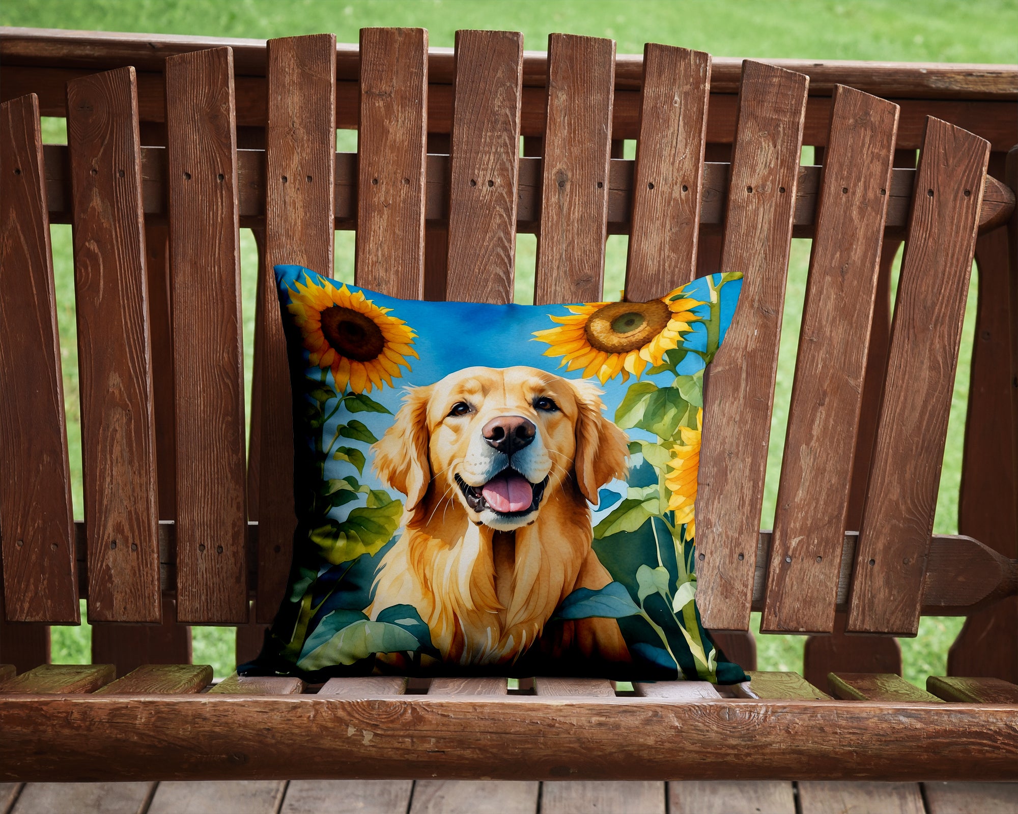 Buy this Golden Retriever in Sunflowers Throw Pillow