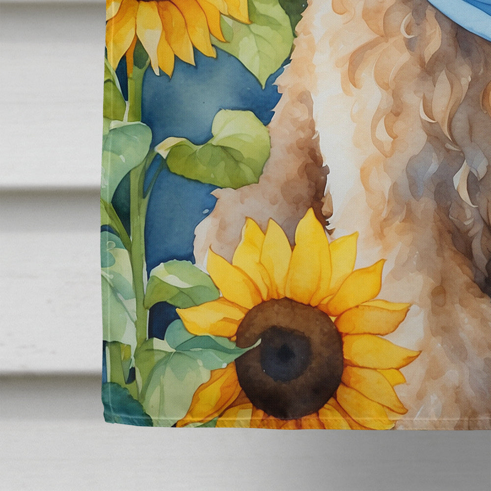 Goldendoodle in Sunflowers House Flag