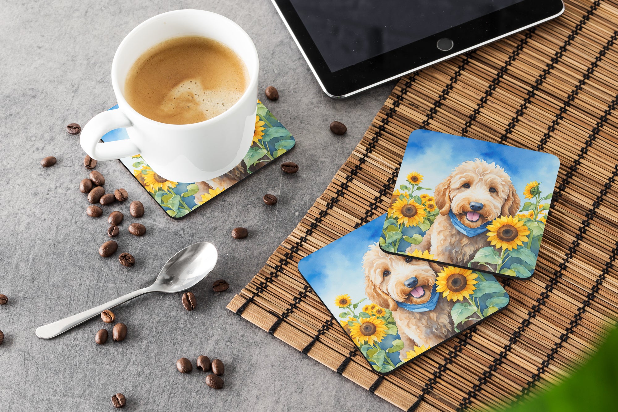 Goldendoodle in Sunflowers Foam Coasters