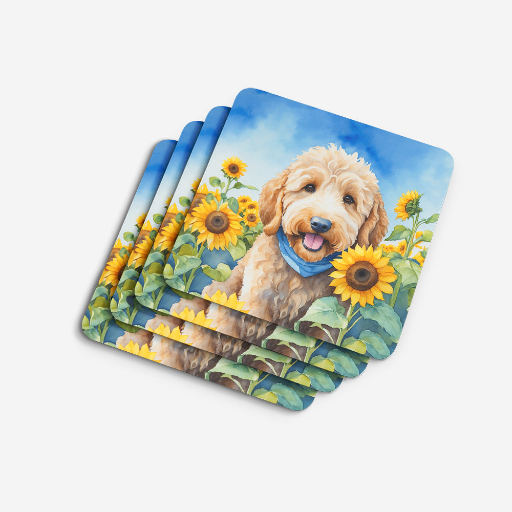 Goldendoodle in Sunflowers Foam Coasters