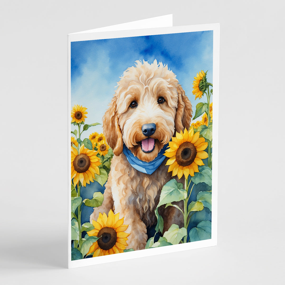 Buy this Goldendoodle in Sunflowers Greeting Cards Pack of 8
