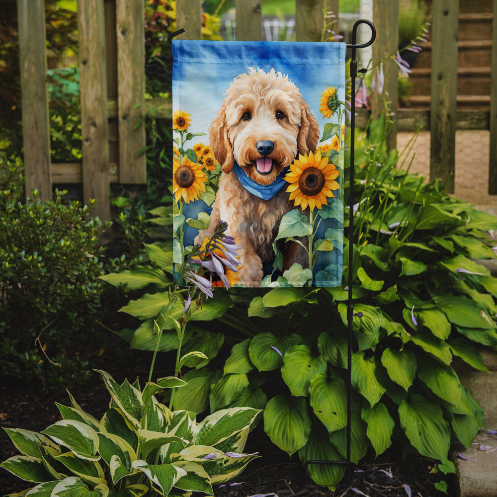 Goldendoodle in Sunflowers Garden Flag