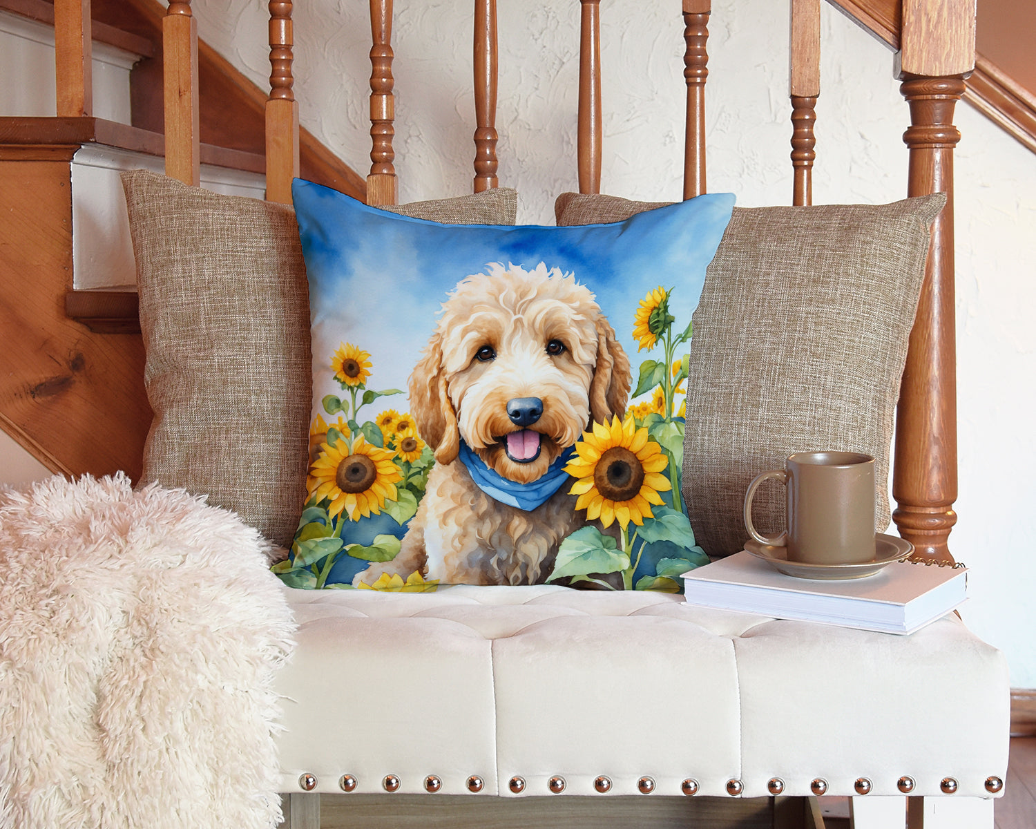 Goldendoodle in Sunflowers Throw Pillow