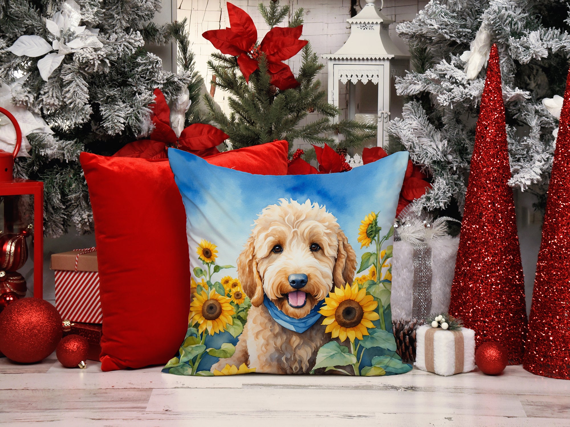 Goldendoodle in Sunflowers Throw Pillow