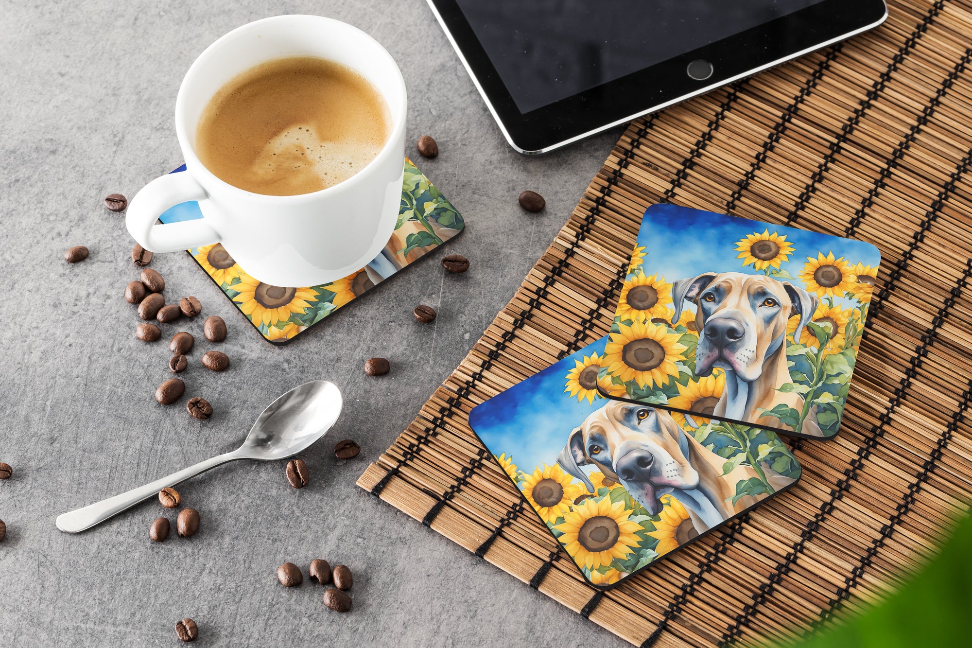 Great Dane in Sunflowers Foam Coasters