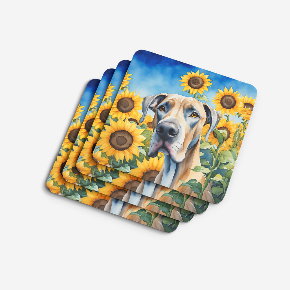Caroline's Treasures Great Dane in Sunflowers Coasters - Set of 4 Lightweight Foam, Absorbent Drink Coasters