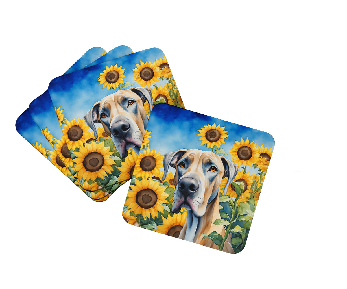 Caroline's Treasures Great Dane in Sunflowers Coasters - Set of 4 Lightweight Foam, Absorbent Drink Coasters