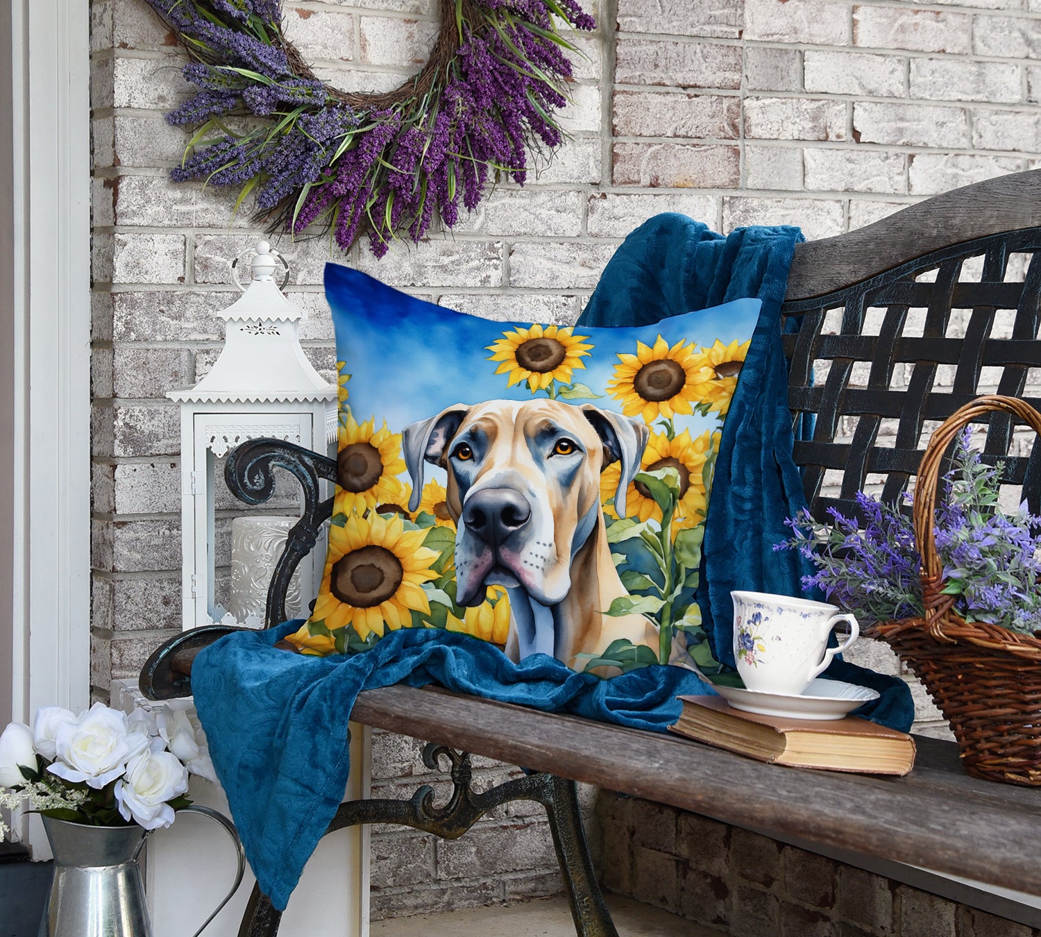 Great Dane in Sunflowers Throw Pillow