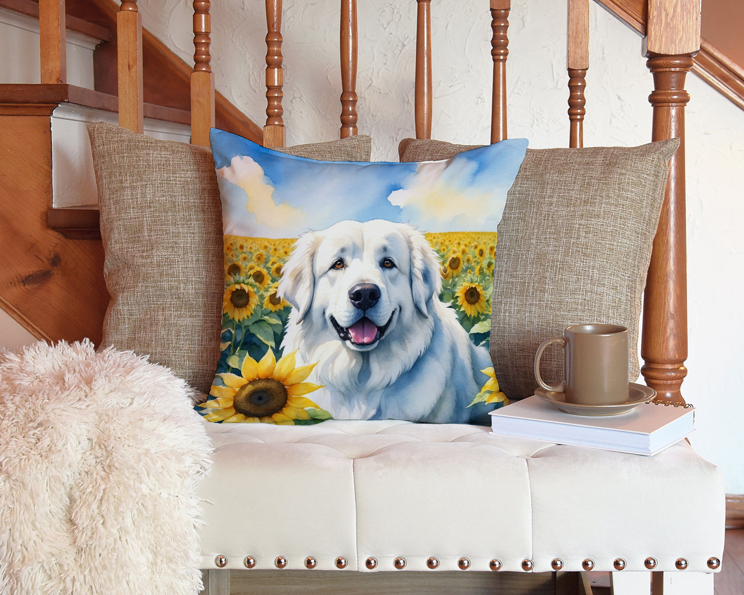 Great Pyrenees in Sunflowers Throw Pillow