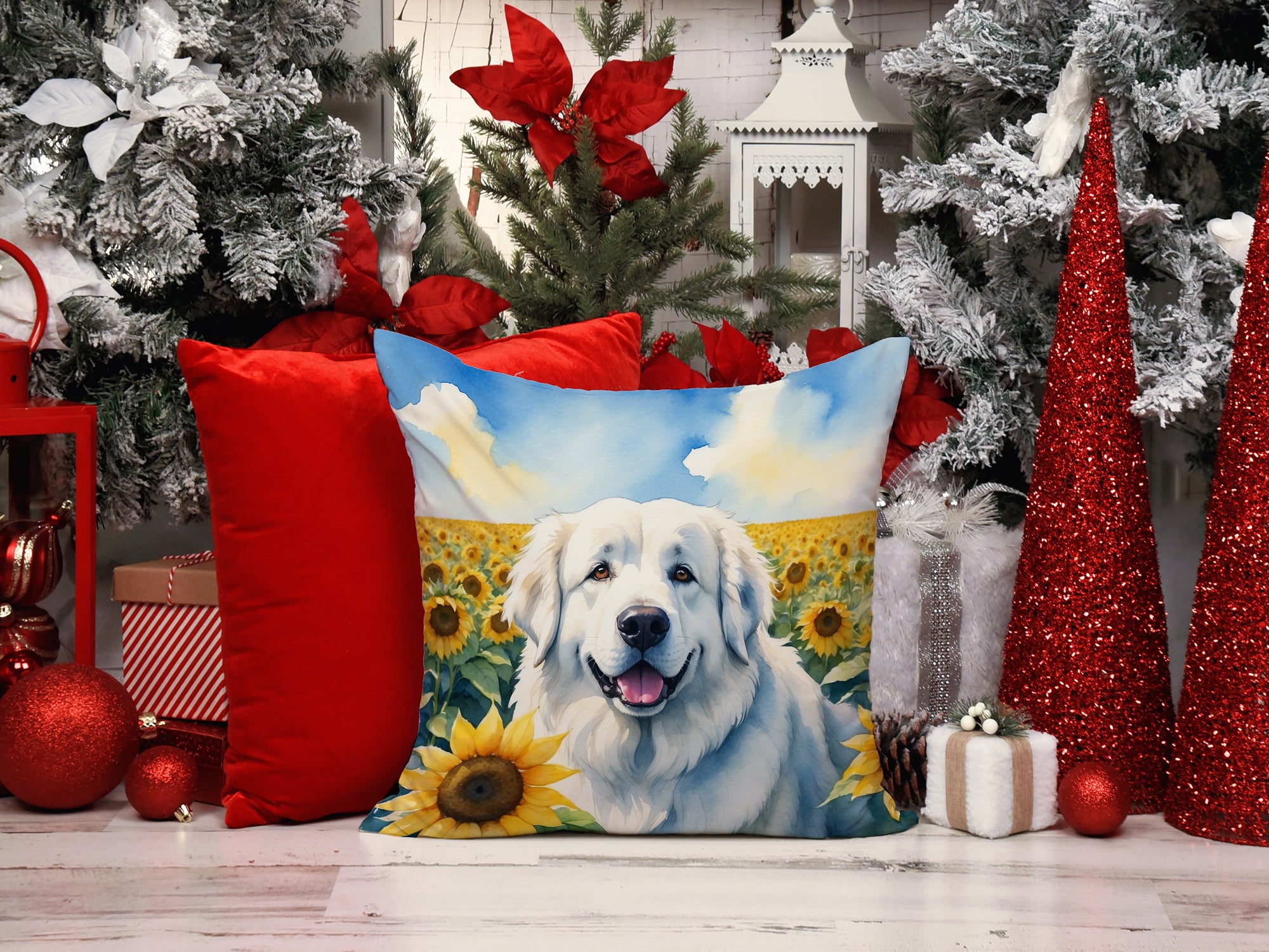 Great Pyrenees in Sunflowers Throw Pillow