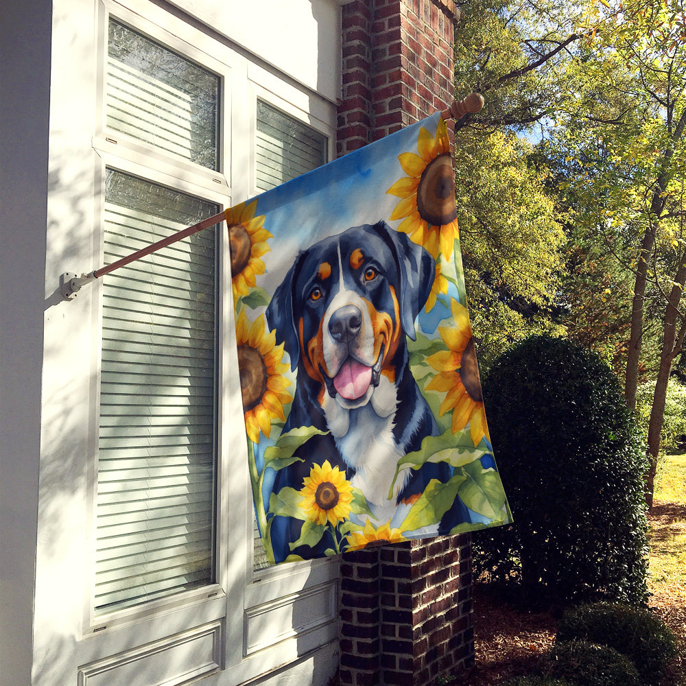 Greater Swiss Mountain Dog in Sunflowers House Flag