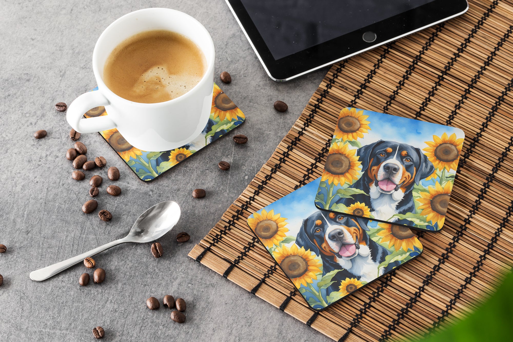 Greater Swiss Mountain Dog in Sunflowers Foam Coasters