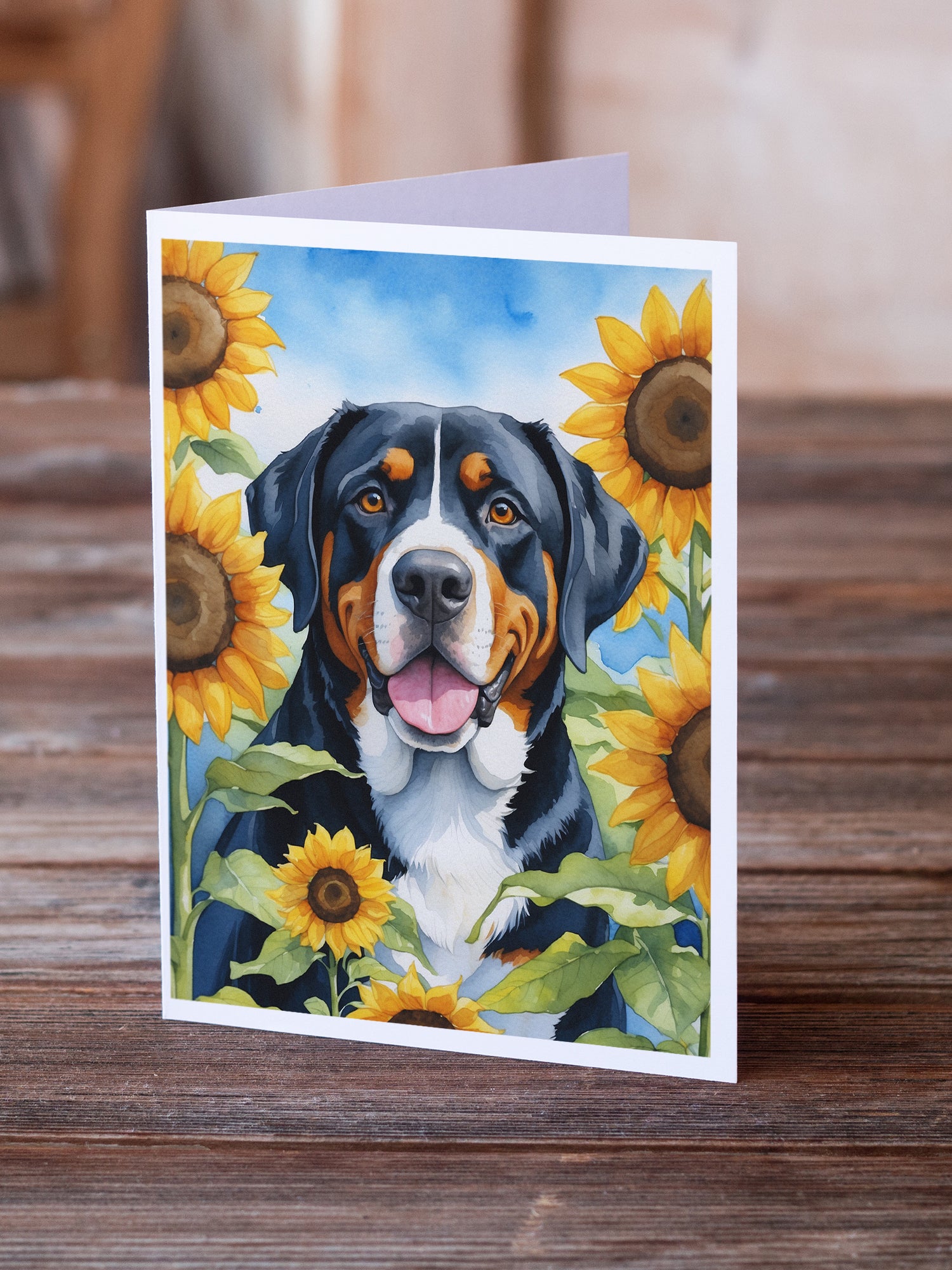 Buy this Greater Swiss Mountain Dog in Sunflowers Greeting Cards Pack of 8