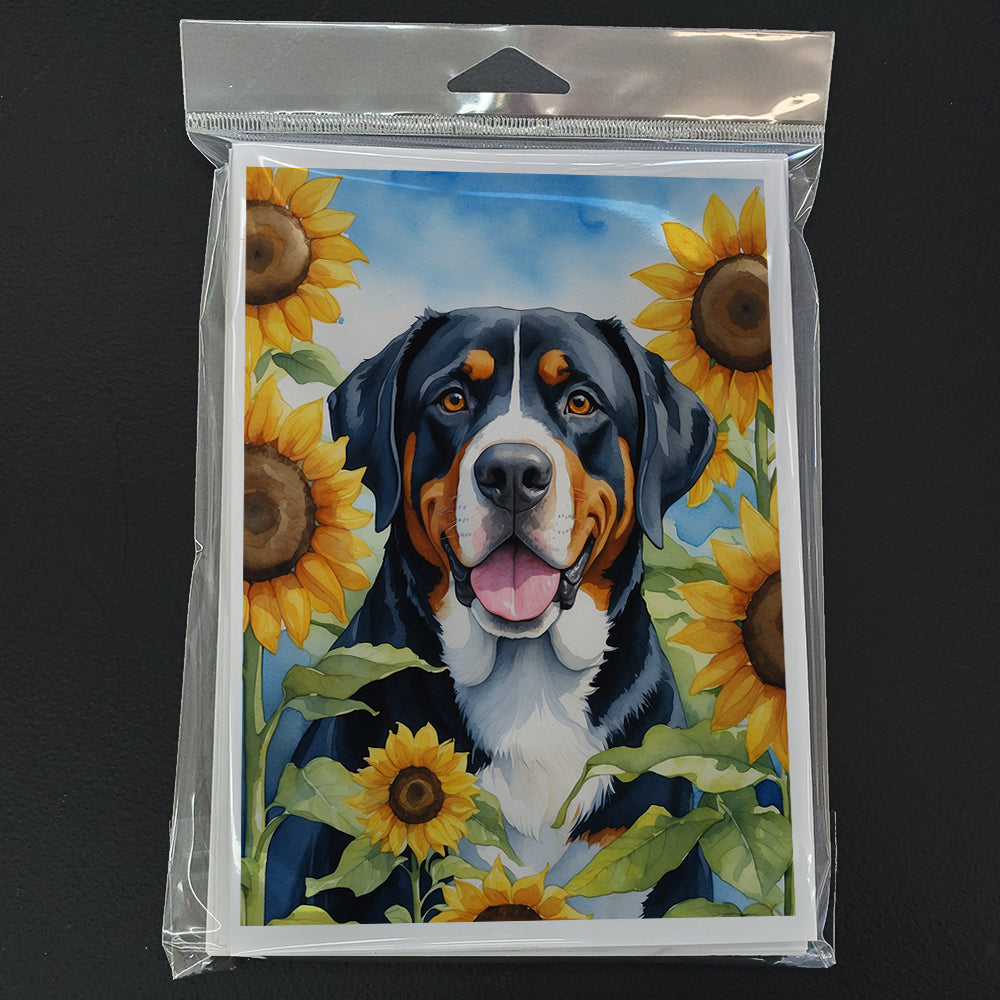 Greater Swiss Mountain Dog in Sunflowers Greeting Cards Pack of 8