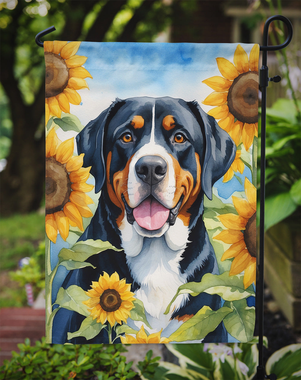 Greater Swiss Mountain Dog in Sunflowers Garden Flag
