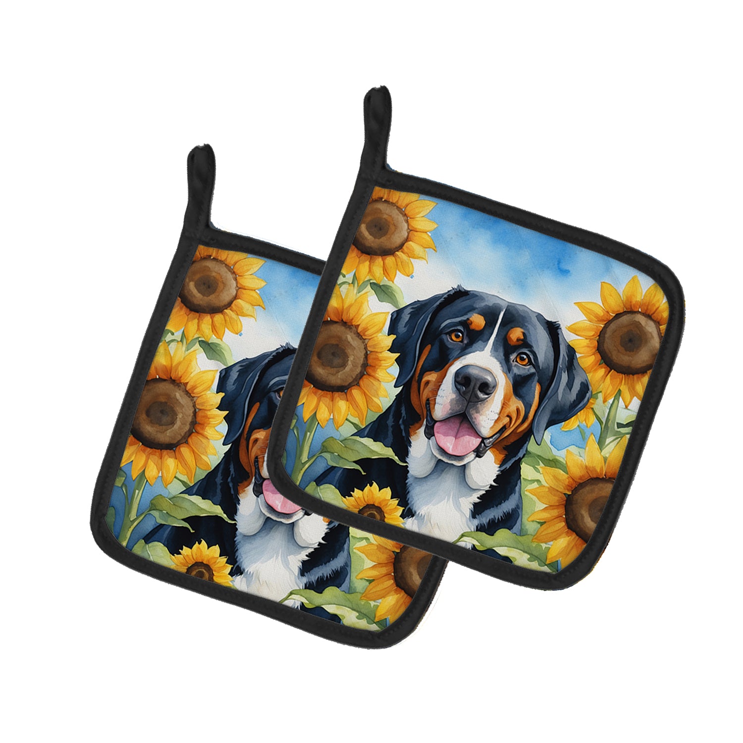 Buy this Greater Swiss Mountain Dog in Sunflowers Pair of Pot Holders