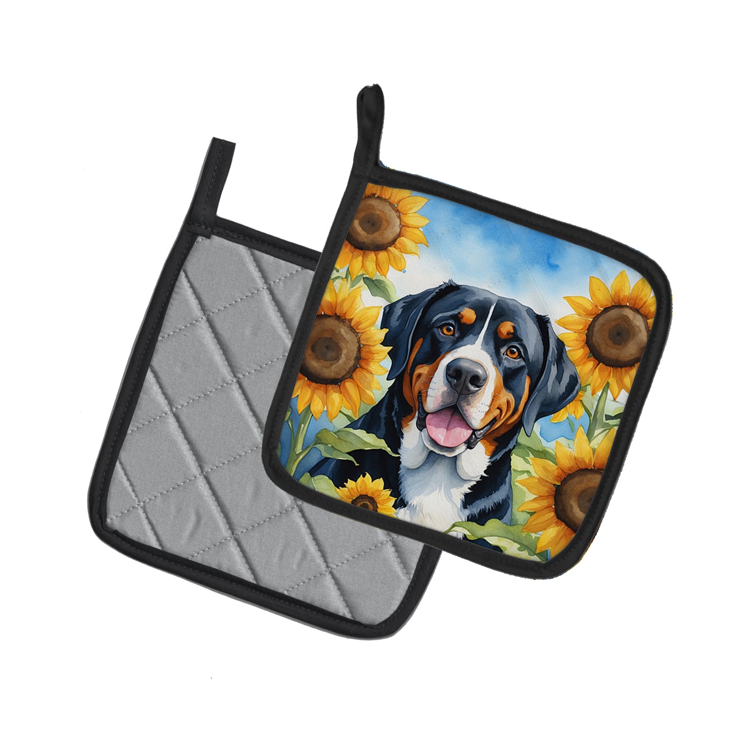 Greater Swiss Mountain Dog in Sunflowers Pair of Pot Holders