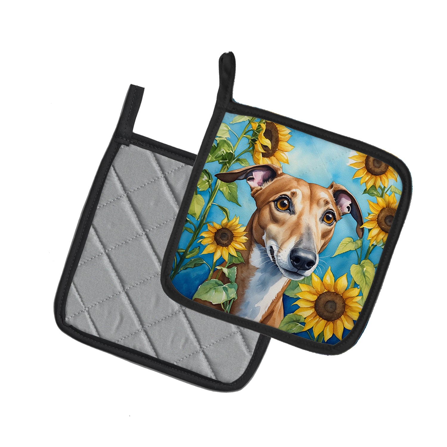 Greyhound in Sunflowers Pair of Pot Holders