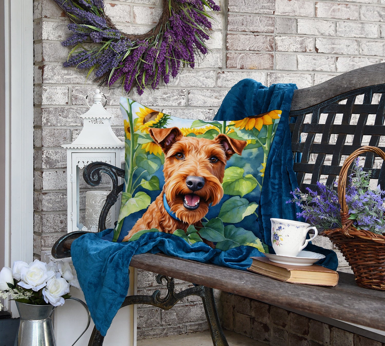 Irish Terrier in Sunflowers Throw Pillow