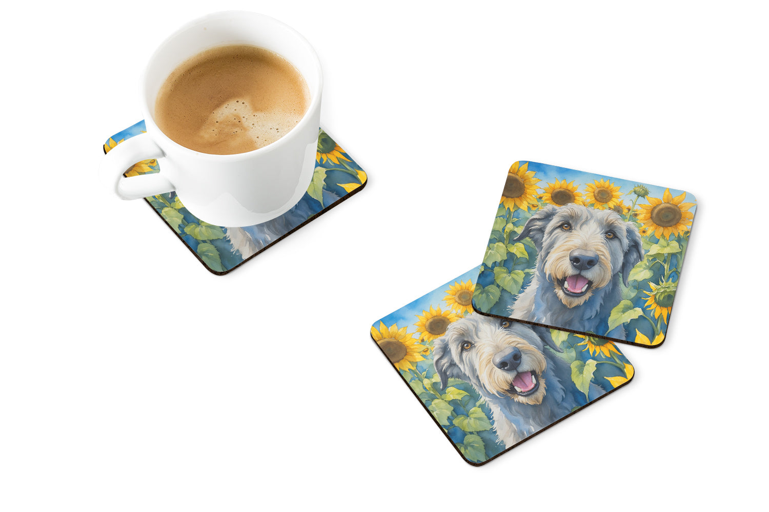 Irish Wolfhound in Sunflowers Foam Coasters