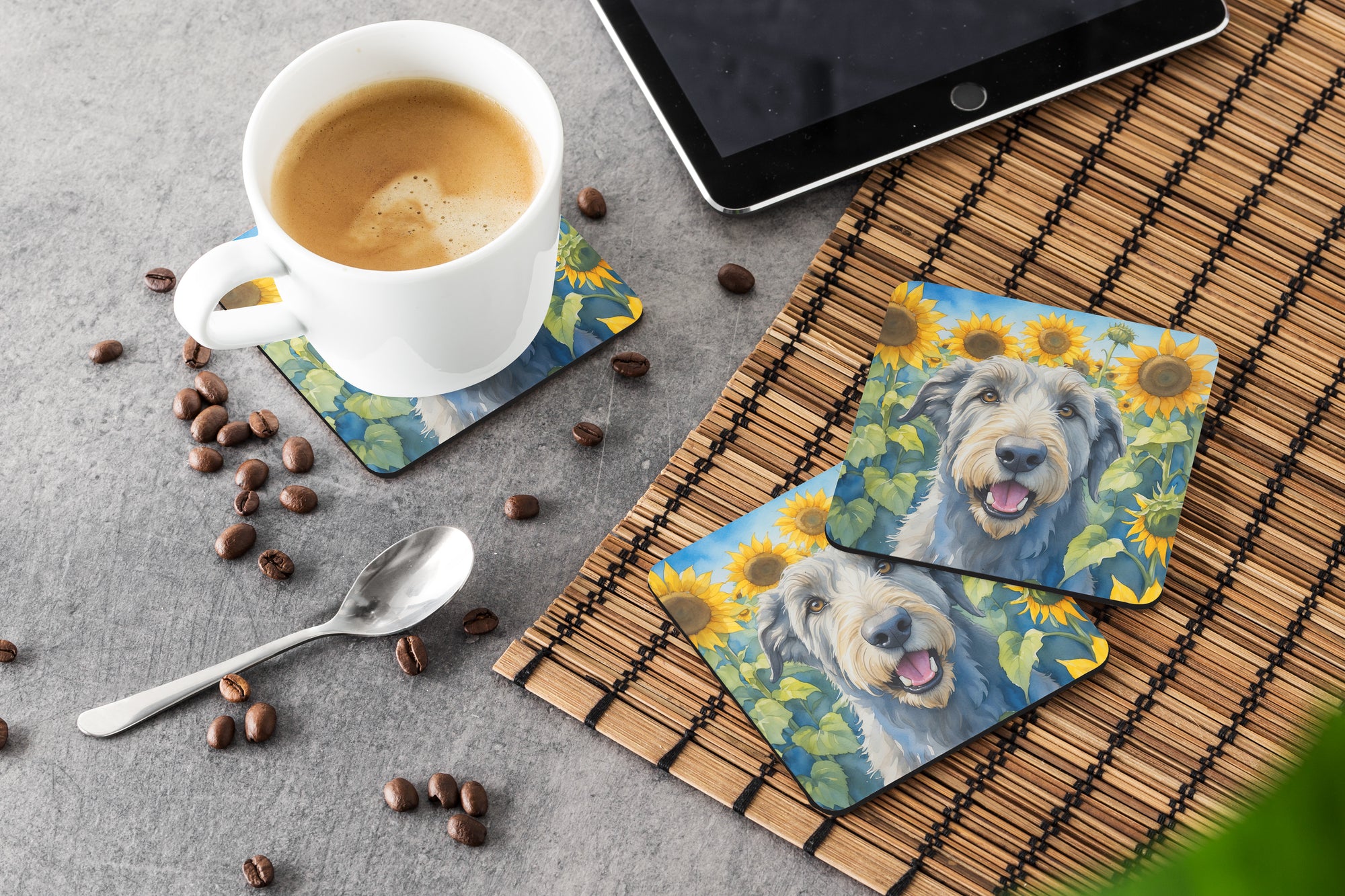 Irish Wolfhound in Sunflowers Foam Coasters