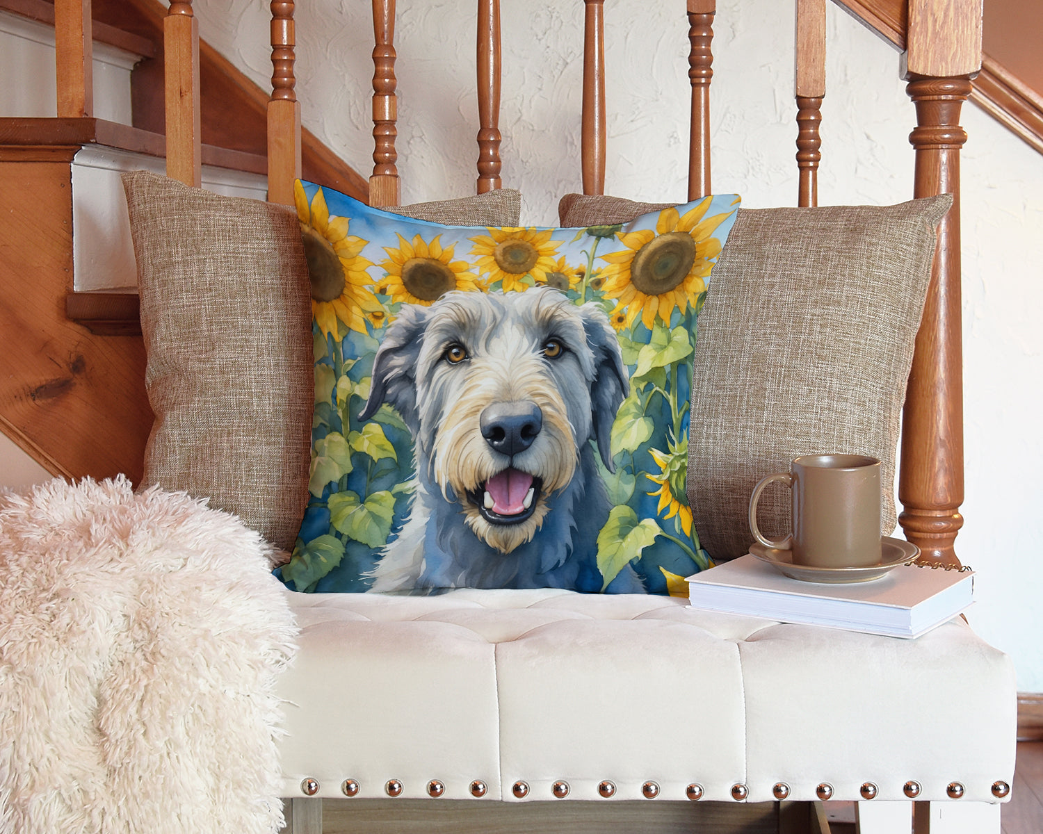 Irish Wolfhound in Sunflowers Throw Pillow