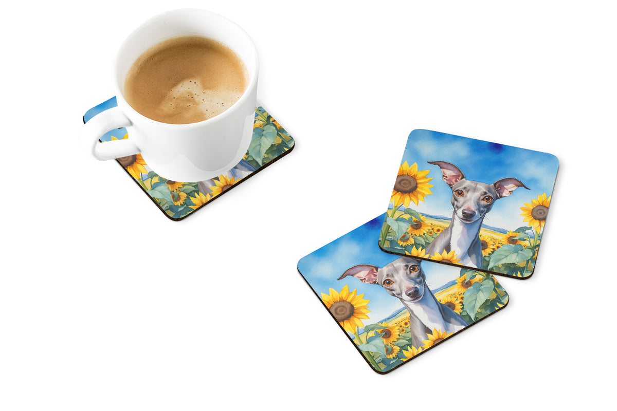 Caroline's Treasures Italian Greyhound in Sunflowers Coasters - Set of 4 Lightweight Foam, Absorbent Drink Coasters