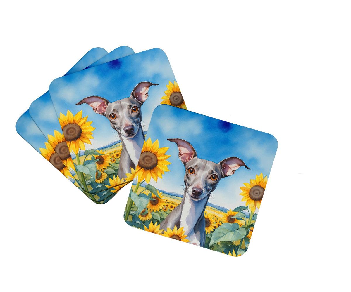 Caroline's Treasures Italian Greyhound in Sunflowers Coasters - Set of 4 Lightweight Foam, Absorbent Drink Coasters