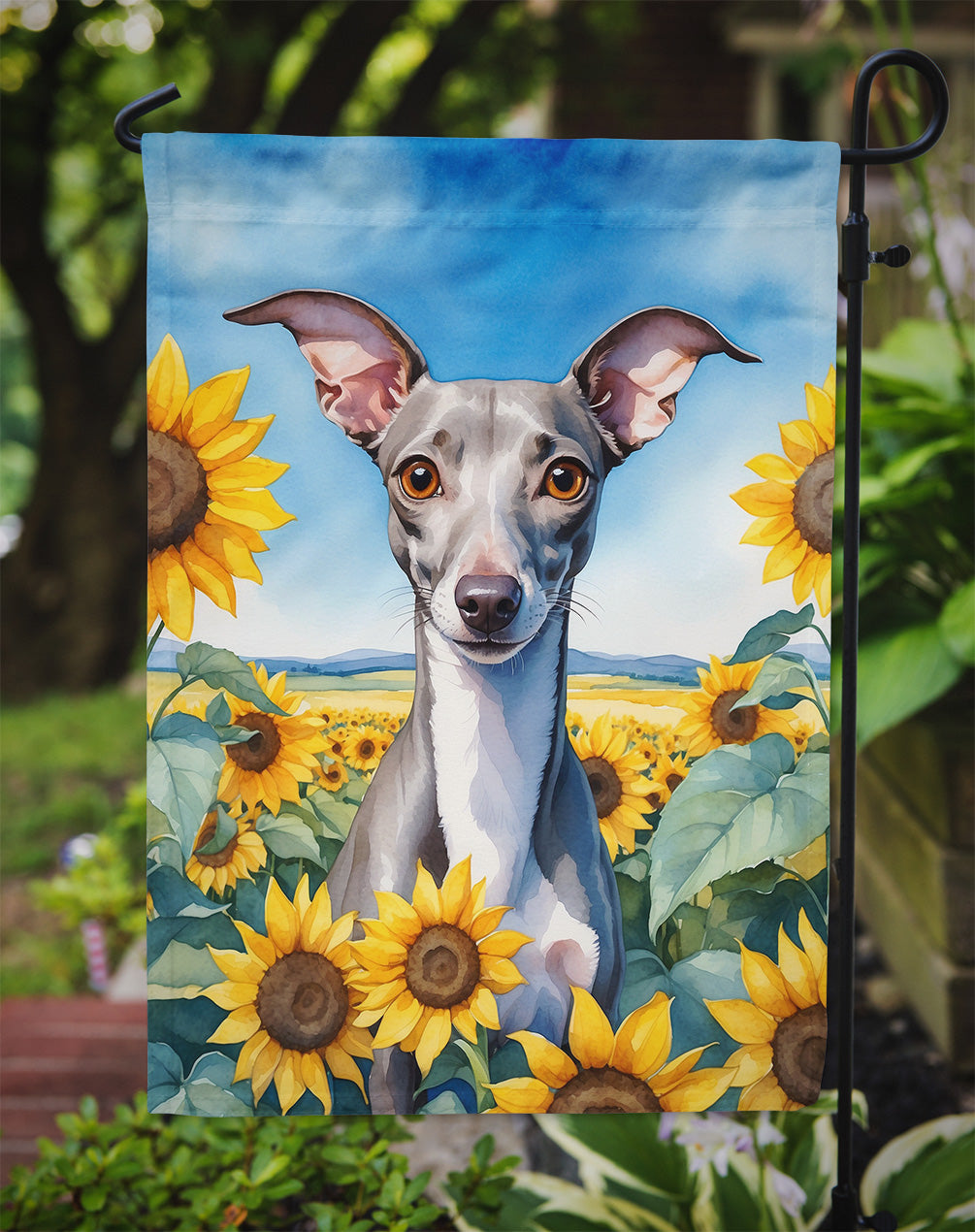 Italian Greyhound in Sunflowers Garden Flag