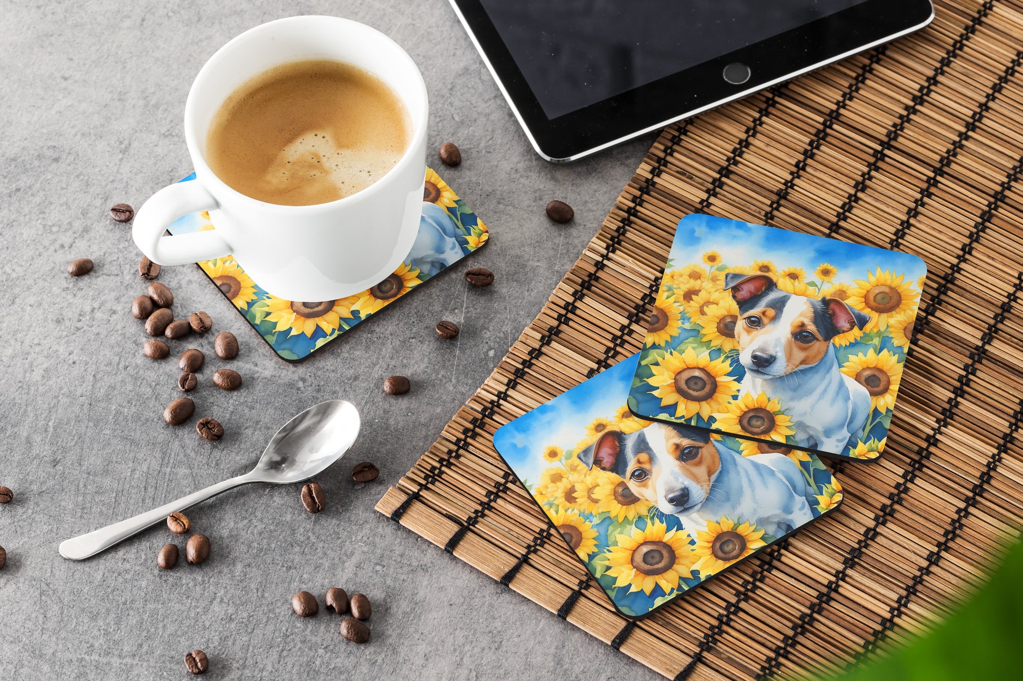 Jack Russell Terrier in Sunflowers Foam Coasters