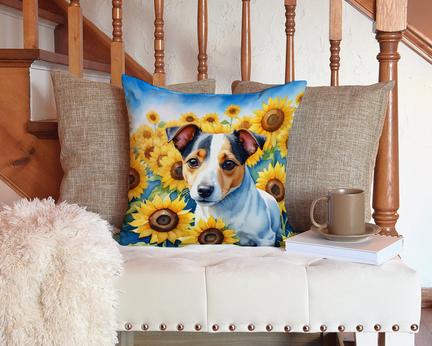 Jack Russell Terrier in Sunflowers Throw Pillow