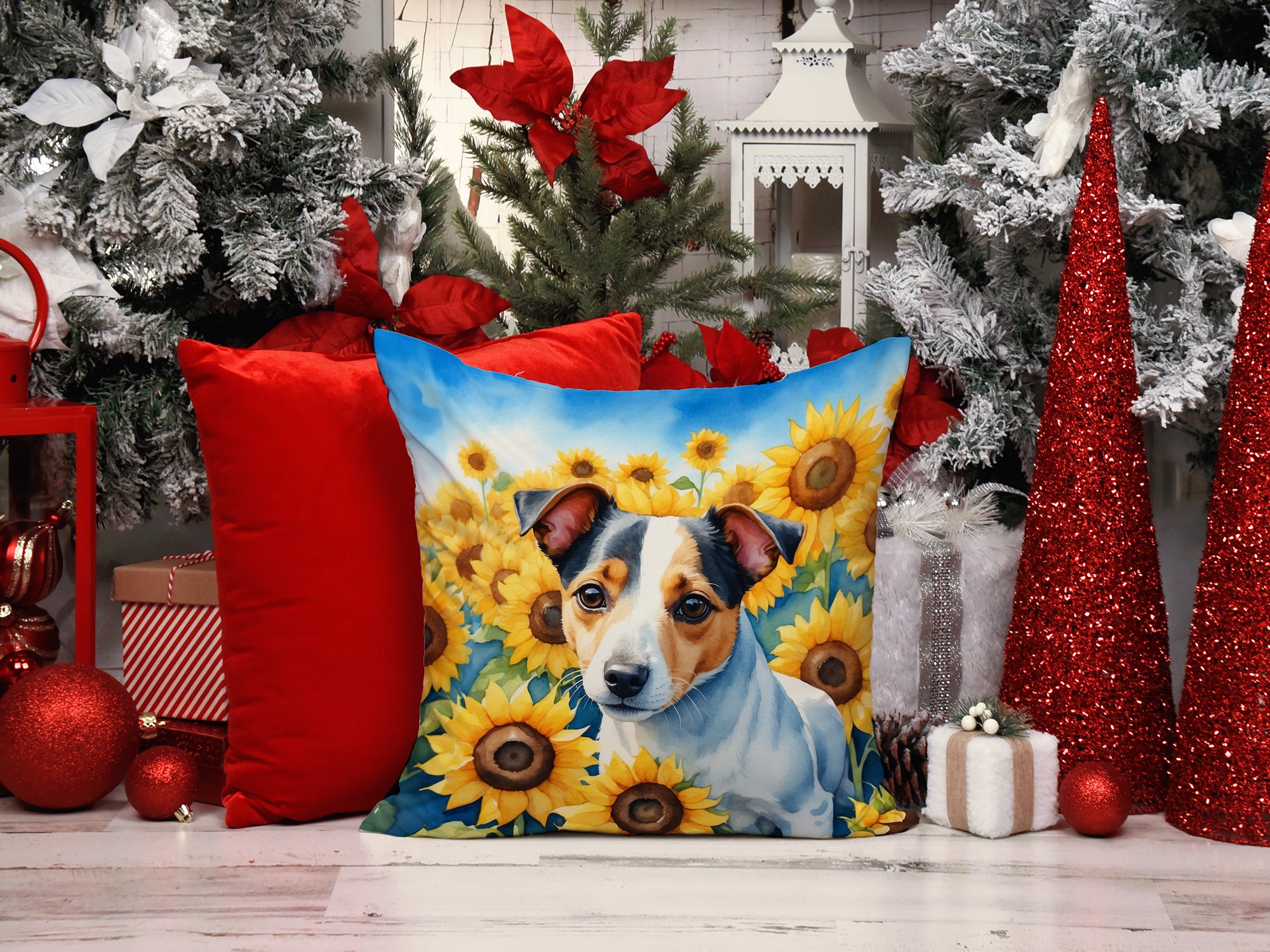 Jack Russell Terrier in Sunflowers Throw Pillow