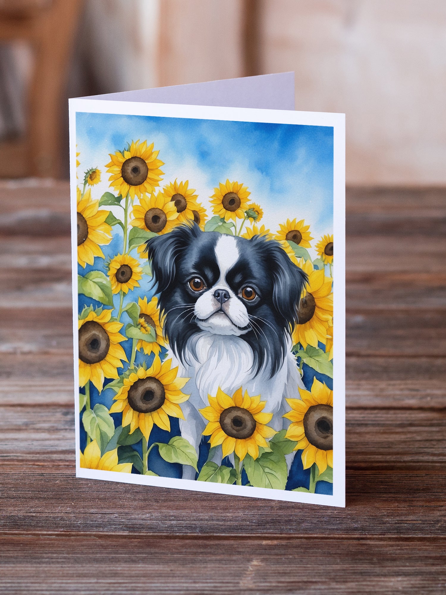 Japanese Chin in Sunflowers Greeting Cards Pack of 8