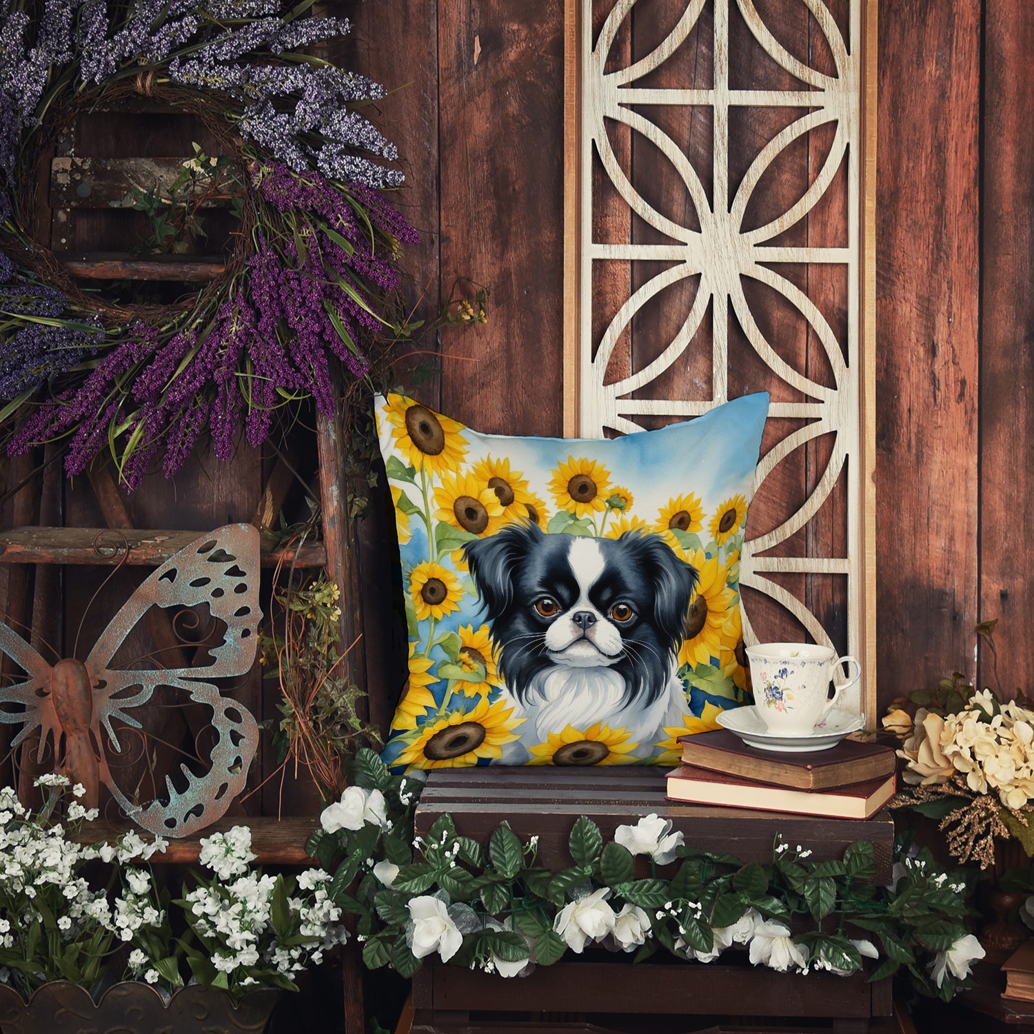 Japanese Chin in Sunflowers Throw Pillow