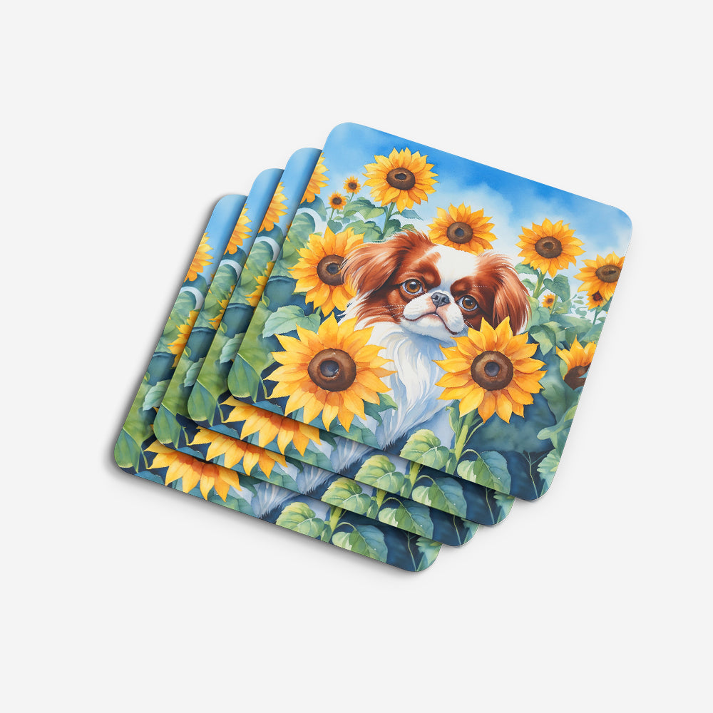 Japanese Chin in Sunflowers Foam Coasters