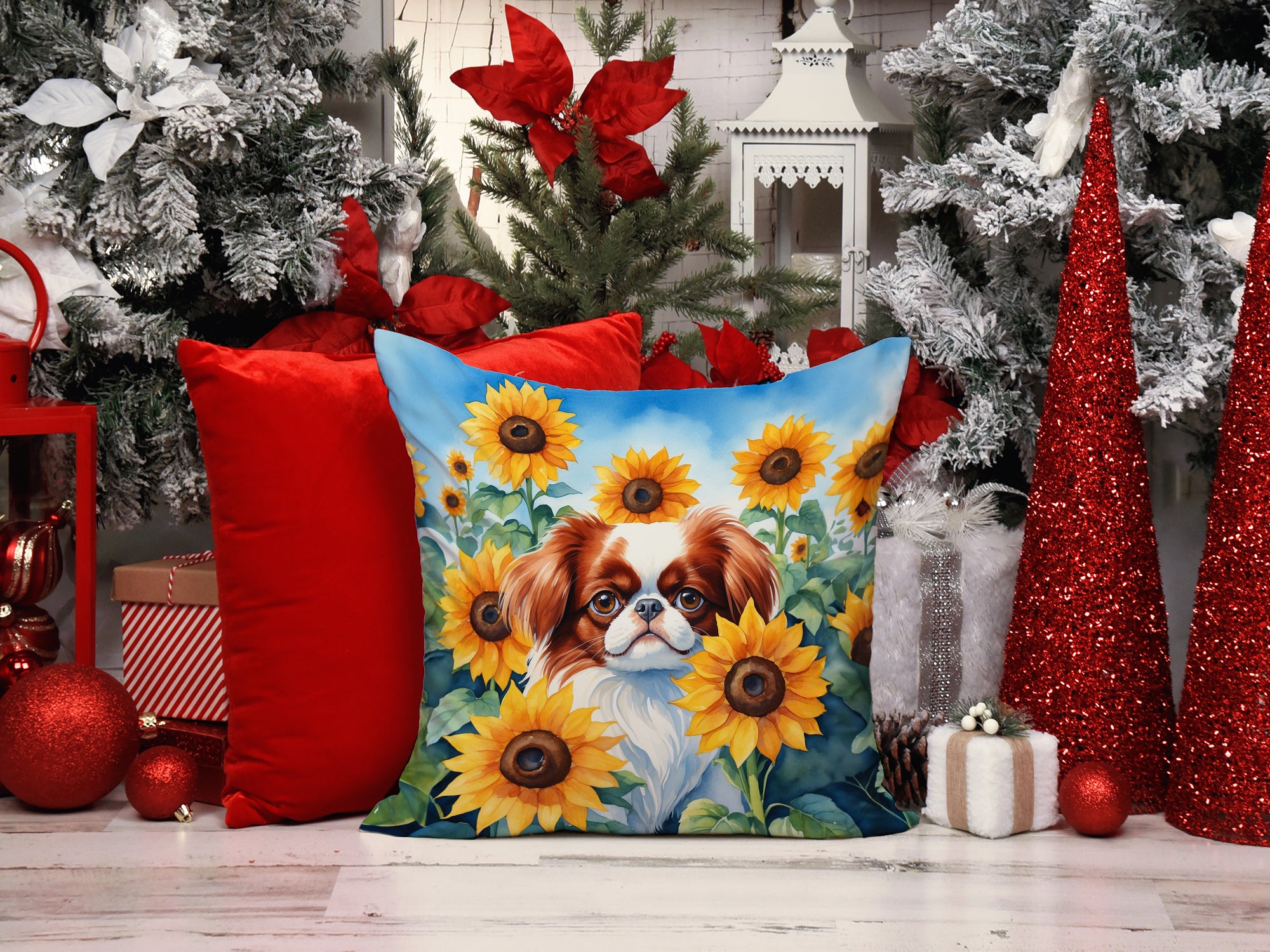Japanese Chin in Sunflowers Throw Pillow