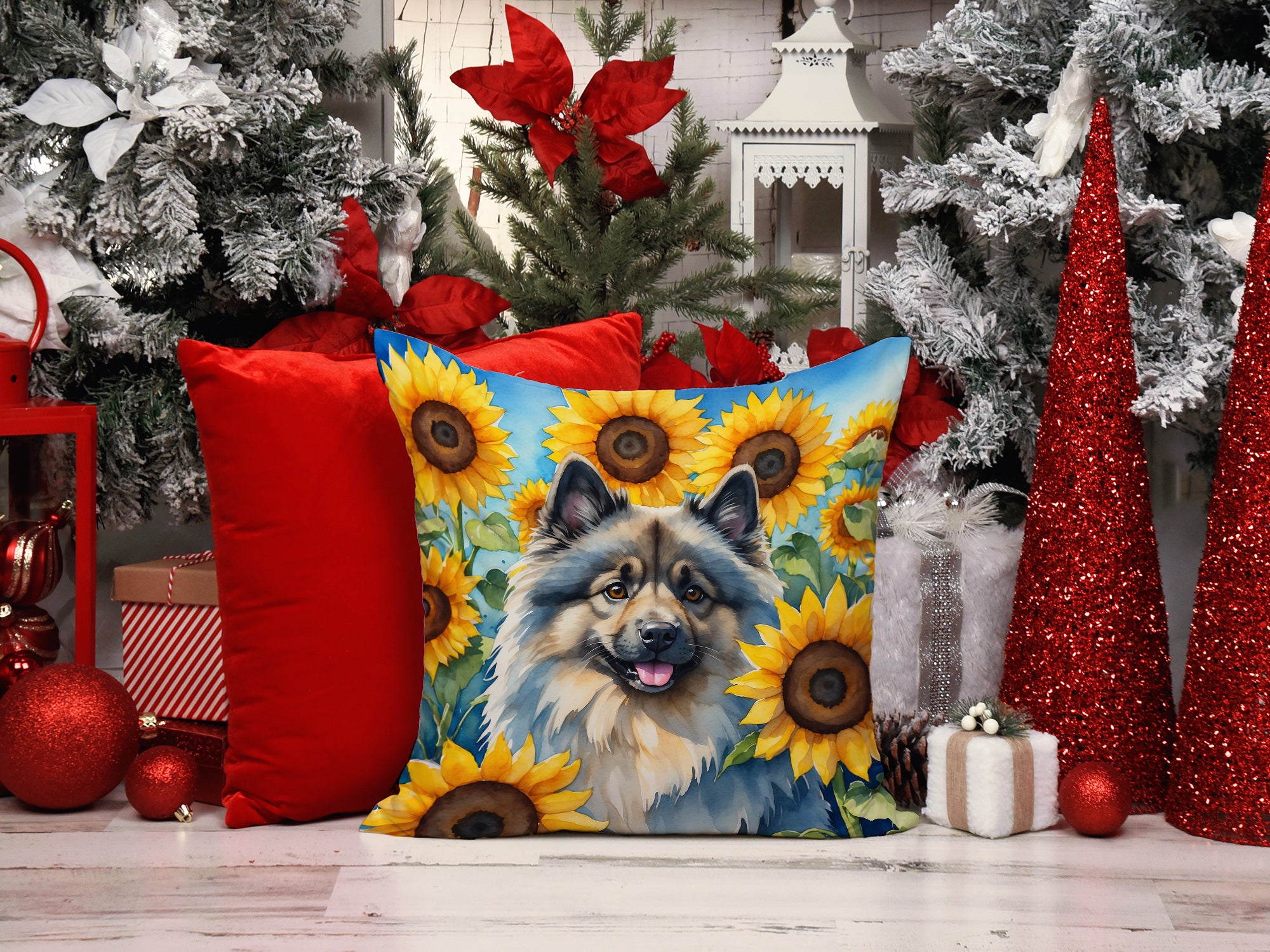 Keeshond in Sunflowers Throw Pillow