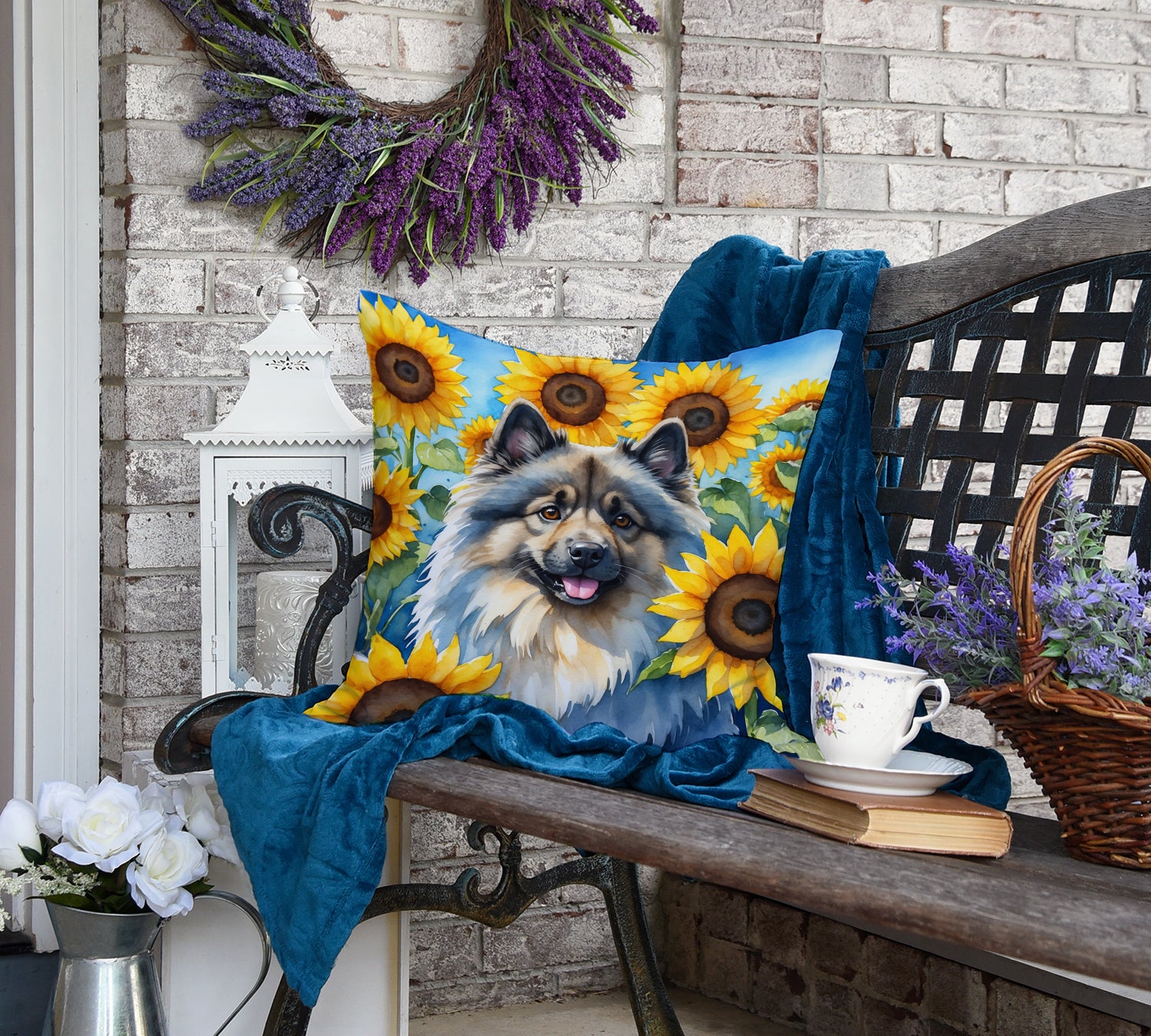 Keeshond in Sunflowers Throw Pillow