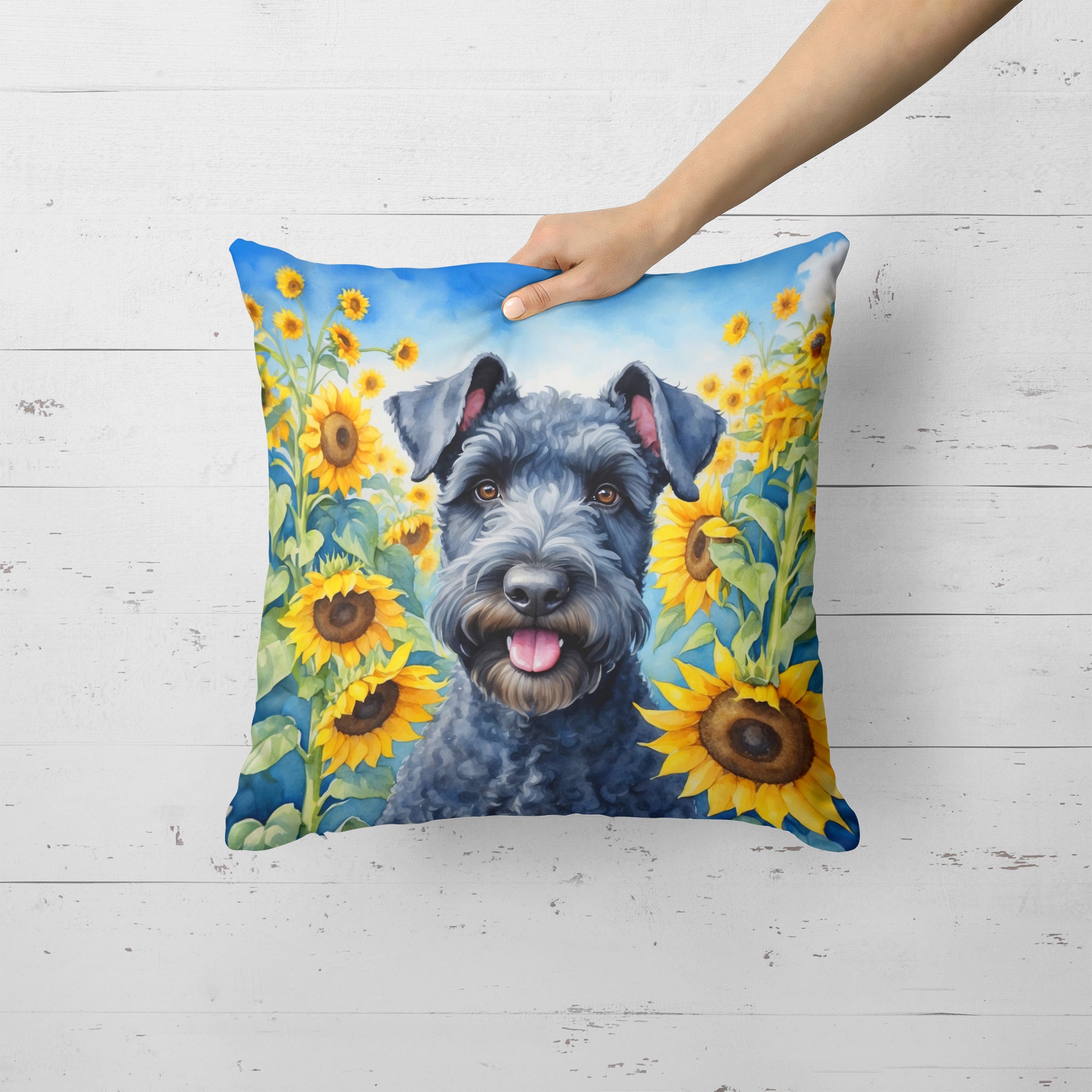 Kerry Blue Terrier in Sunflowers Throw Pillow