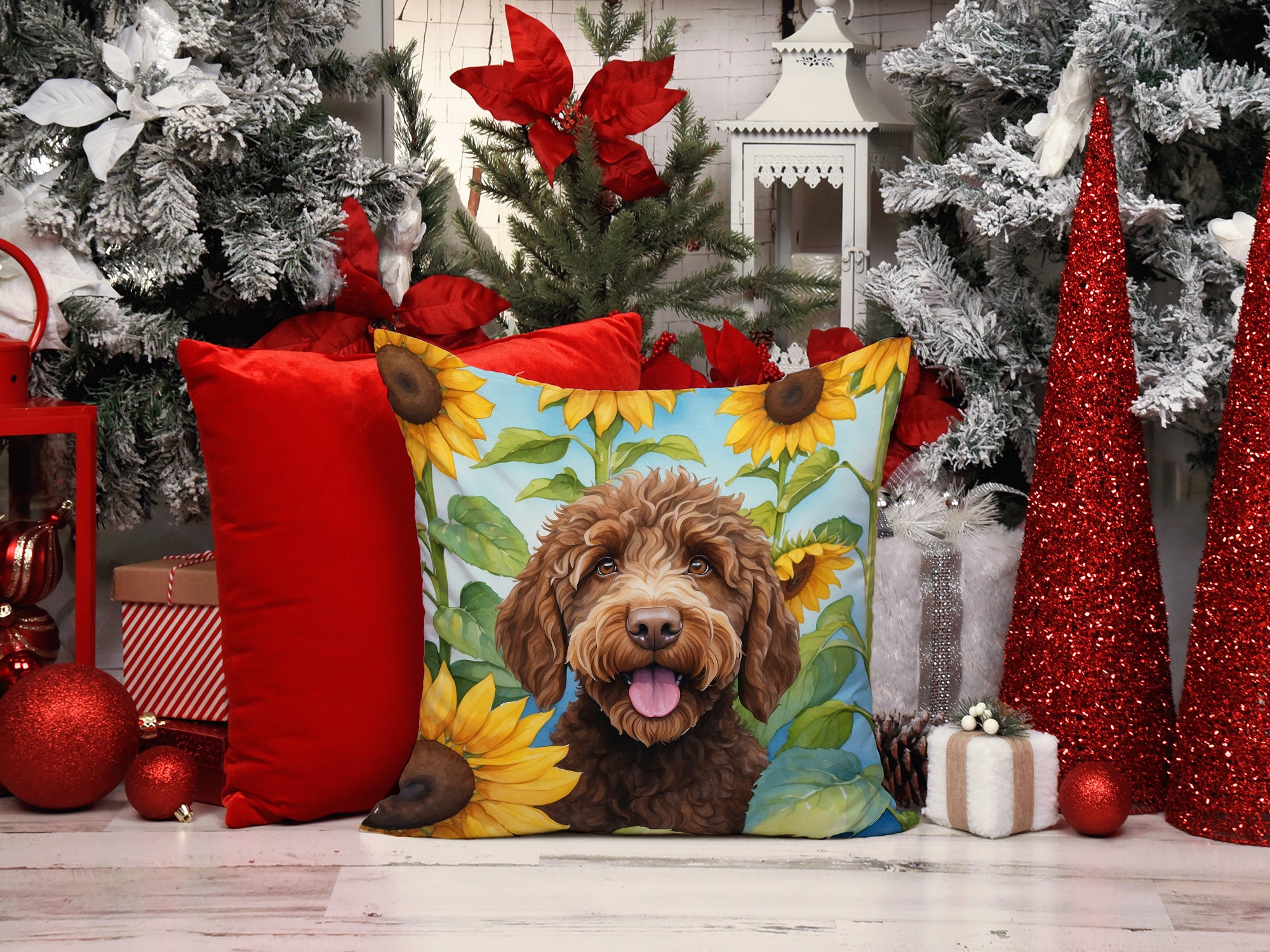 Labradoodle in Sunflowers Throw Pillow