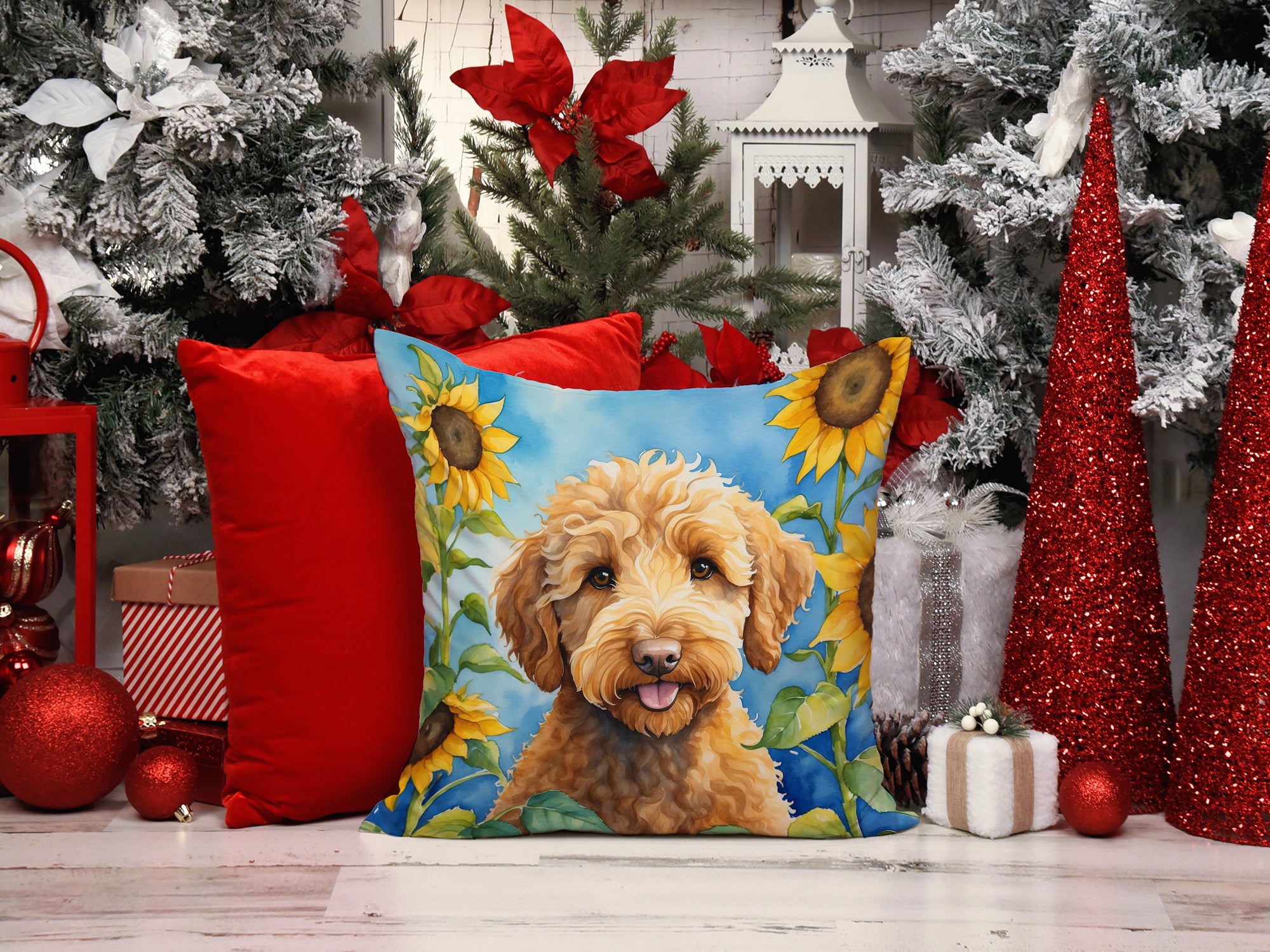 Labradoodle in Sunflowers Throw Pillow